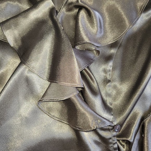 Jones NY Dressy Taupe Satin Ruffle Front Blouse 12 - Picture 4 of 6